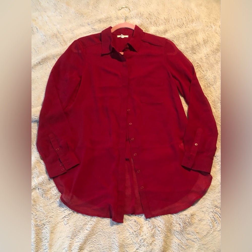 PLEIONE Women Small Red Long Sleeve Button Up Collar Sheer Shirt Top